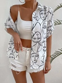 SHEIN Unity Abstract Figure Graphic Roll Up Sleeve Shirt - White - View 3