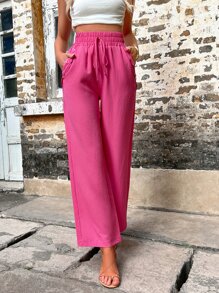 SHEIN VCAY Quần nữ Nút Thắt nút Túi Dải chun màu trơn Giải trí - Màu Hồng Tươi - Xem 6