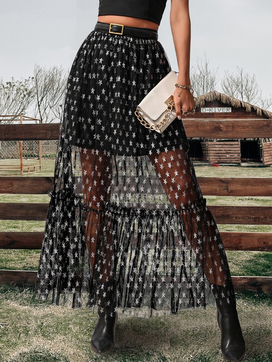 SHEIN Allurite Falda con estampado de estrella bajo con fruncido con malla sin cinturón - Negro - Ver 1