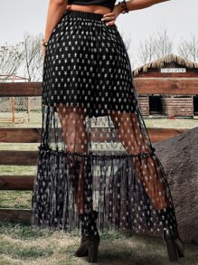 SHEIN Allurite Falda con estampado de estrella bajo con fruncido con malla sin cinturón - Negro - Ver 2