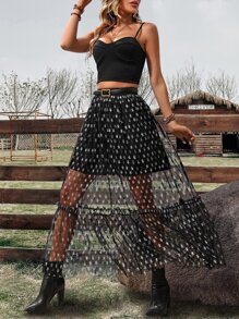 SHEIN Allurite Falda con estampado de estrella bajo con fruncido con malla sin cinturón - Negro - Ver 3