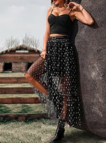 SHEIN Allurite Falda con estampado de estrella bajo con fruncido con malla sin cinturón - Negro - Ver 6