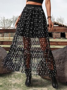 SHEIN Allurite Falda con estampado de estrella bajo con fruncido con malla sin cinturón - Negro - Ver 4