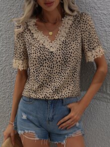 SHEIN Clasi Allover Print Guipure Lace Trim Blouse - Khaki - View 1