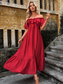 SHEIN Holidaya 一字肩褶邊前繫帶荷葉邊連衣裙 - 紅色 - 查看 1