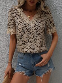 SHEIN Clasi Allover Print Guipure Lace Trim Blouse - Khaki - View 4