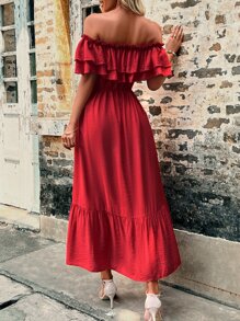 SHEIN Holidaya 一字肩褶邊前繫帶荷葉邊連衣裙 - 紅色 - 查看 2