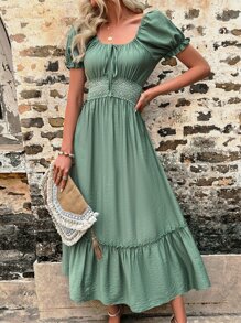 SHEIN VCAY Vestido con encaje en contraste con cordón delantero bajo con fruncido