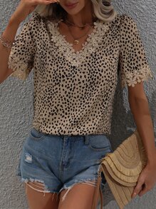 SHEIN Clasi Allover Print Guipure Lace Trim Blouse - Khaki - View 6