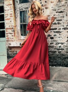 SHEIN Holidaya 一字肩褶邊前繫帶荷葉邊連衣裙 - 紅色 - 查看 6