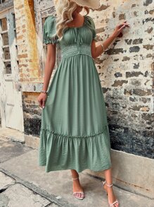 SHEIN VCAY Vestido con encaje en contraste con cordón delantero bajo con fruncido