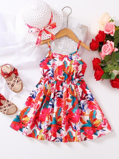 小女童印花吊帶連衣裙和帽