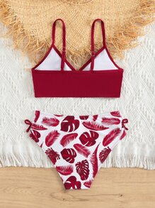 Tween Girl Tropical Print Bikini Set Summer Beach - Red and White - View 2