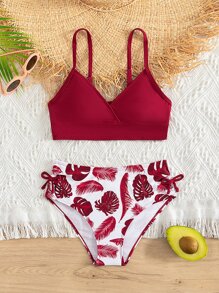 Tween Girl Tropical Print Bikini Set Summer Beach - Red and White - View 1