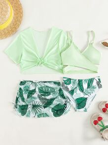 Tween Girl Tropical Print Bikini Set With Cover Up Set Summer Beach - Multicolor - View 1