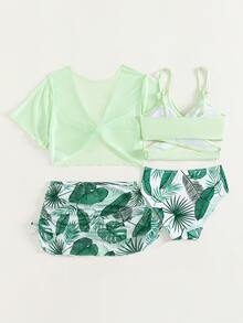 Tween Girl Tropical Print Bikini Set With Cover Up Set Summer Beach - Multicolor - View 2