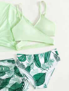 Tween Girl Tropical Print Bikini Set With Cover Up Set Summer Beach - Multicolor - View 4