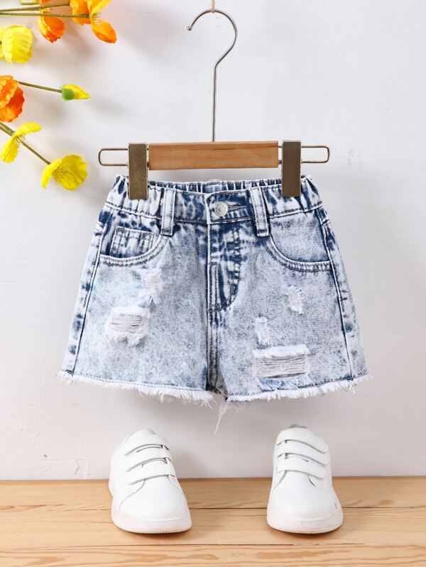 Young Girl Simple Daily Boho Street Casual Destroy Raw Hem Elastic Waist  Denim Shorts, School, Campus, College