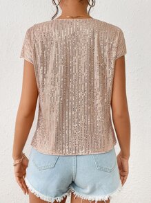 SHEIN Privé Áo thun nữ ghép mộng kim sa màu trơn Buổi tiệc - Rượu sâm banh - Xem 2