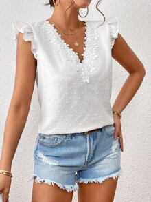 SHEIN Essnce Blusa de lunares panel con encaje ribete con fruncido - Blanco - Ver 4