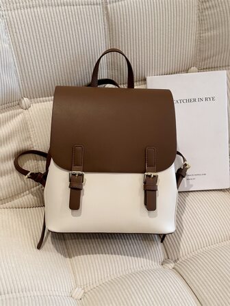 Small Flap Backpack Two Tone Buckle Decor PUSchool Backpack,School Bag,Big Backpack,Backpack School,Back To School BagsPortable,Lightweight, Suitable For Teen Girls Women College Students, Perfect For Back To School,First Day Of School,College,Middle School, High School