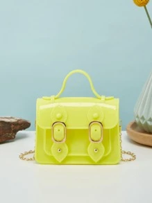 Girls Buckle Decor Flap Square Bag Silicone - Yellow - View 1