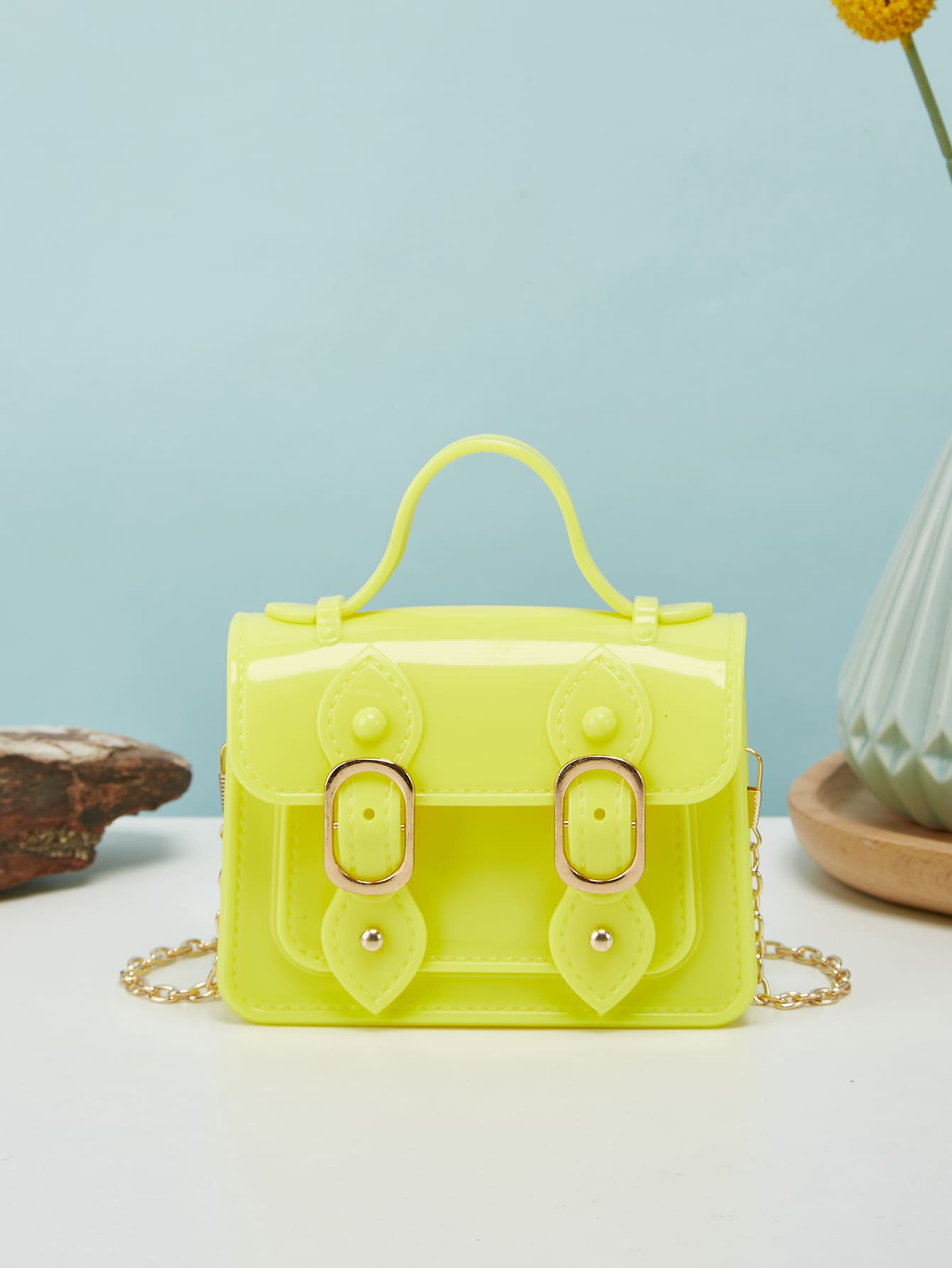 Girls Buckle Decor Flap Square Bag Silicone - Yellow - View 1
