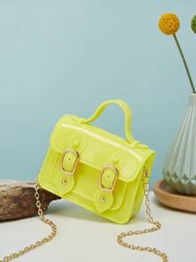 Girls Buckle Decor Flap Square Bag Silicone - Yellow - View 6