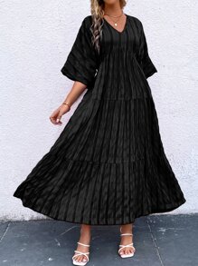 SHEIN Clasi Vestido smock unicolor de manga murciélago bajo con fruncido - Negro - Ver 1