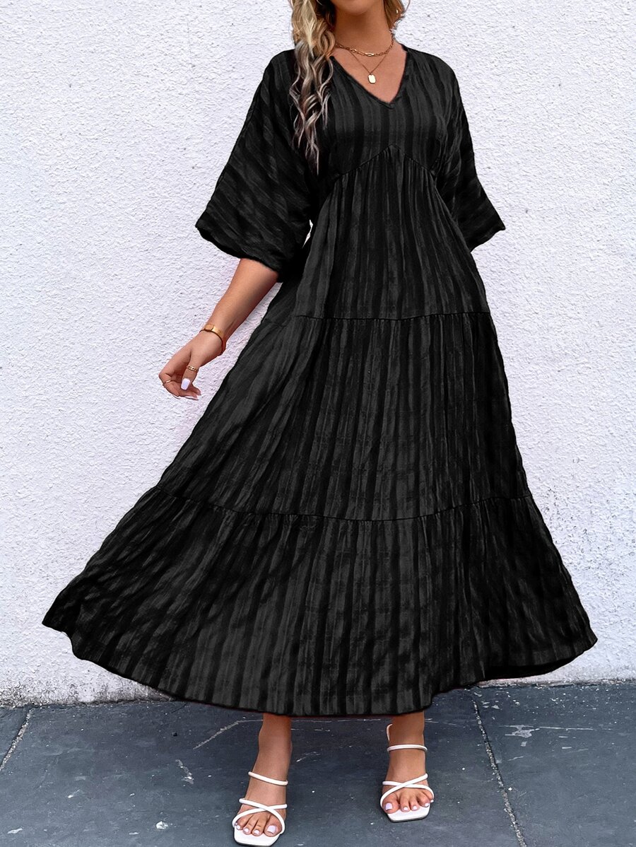 SHEIN Clasi Vestido smock unicolor de manga murciélago bajo con fruncido - Negro - Ver 1