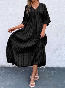 SHEIN Clasi Vestido smock unicolor de manga murciélago bajo con fruncido - Negro - Ver 3