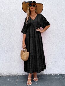 SHEIN Clasi Vestido smock unicolor de manga murciélago bajo con fruncido - Negro - Ver 4