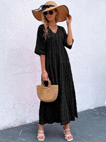 SHEIN Clasi Vestido smock unicolor de manga murciélago bajo con fruncido - Negro - Ver 5