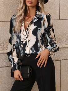 SHEIN LUNE Marble Print Button Front Shirt,Long Sleeve Tops Fall Cloth For Women - Multicolor - View 3