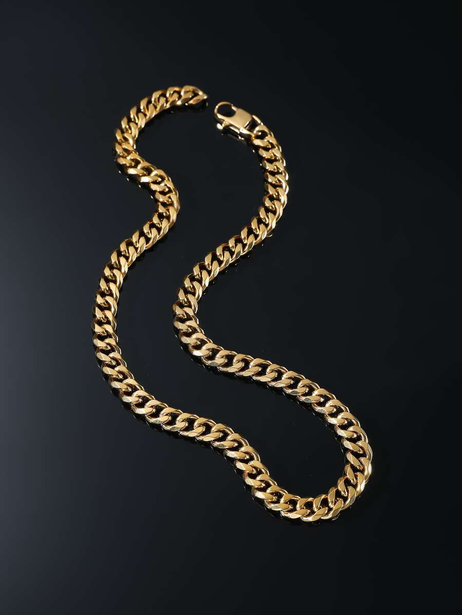 1入組時尚極簡風格不銹鋼古巴的鍊式項鍊適合男士日常裝飾,適用於首飾類禮品和派對 - 金黃色 - 查看 1