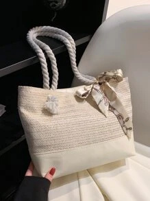 絲巾裝飾草編包小適用於海灘度假旅行,完美適合夏天海灘旅行度假 - 米色 - 查看 2