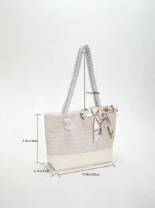 絲巾裝飾草編包小適用於海灘度假旅行,完美適合夏天海灘旅行度假 - 米色 - 查看 5
