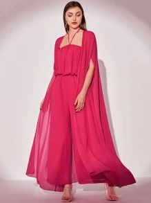 Modelyn 素色闊腿繞頸連體褲帶斗篷袖和服罩衫 - 玫紅色 - 查看 1