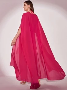 Modelyn 素色闊腿繞頸連體褲帶斗篷袖和服罩衫 - 玫紅色 - 查看 2