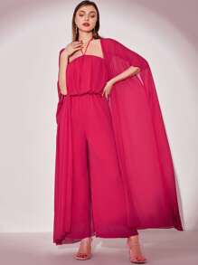 Modelyn 素色闊腿繞頸連體褲帶斗篷袖和服罩衫 - 玫紅色 - 查看 4