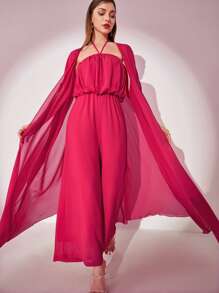 Modelyn 素色闊腿繞頸連體褲帶斗篷袖和服罩衫 - 玫紅色 - 查看 5