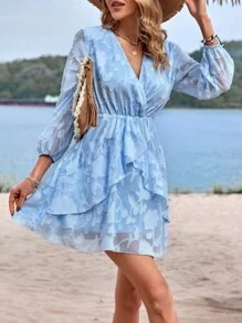 SHEIN Holidaya Vestido aplique de cuello cruzado ribete con fruncido - Azul - Ver 1