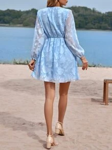 SHEIN Holidaya Vestido aplique de cuello cruzado ribete con fruncido - Azul - Ver 2