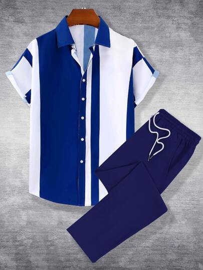 بدلة رجالية صيفية مكونة من قميص أكمام قصيرة بأزرار أمامية وبألوان متباينة وبنطلون بخصر مرن، مجموعة مريحة (قص غير متماثل)
