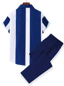 Manfinity Homme Completo casual da uomo per l estate composto da camicia a maniche corte con bottoni e contrasti di colore, e pantaloni con vita con coulisse (taglio irregolare)