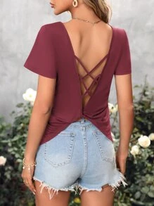 Balvessa Áo thun nữ Lộ Lưng Hội Chữ thập xoắn lại màu trơn Gợi cảm - Màu Đỏ Sâu - Xem 2