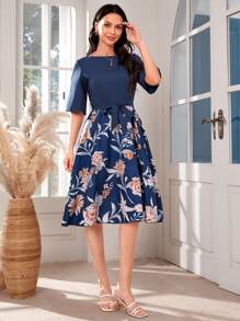 1pc Floral Print Belted Dress - Blue - View 1