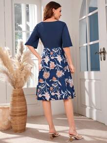 1pc Floral Print Belted Dress - Blue - View 2