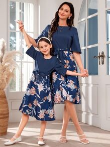 1pc Floral Print Belted Dress - Blue - View 3
