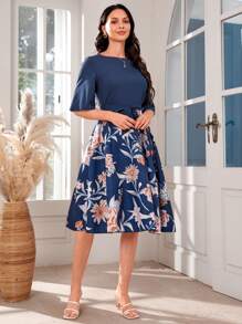 1pc Floral Print Belted Dress - Blue - View 6